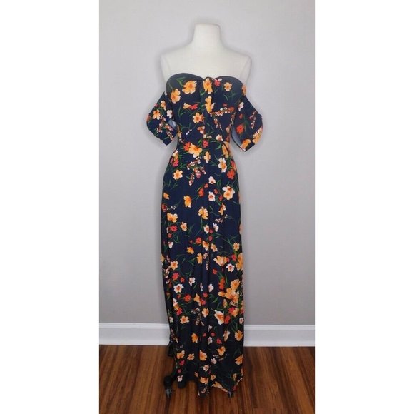 FLYNN SKYE Floral Maxi Dress Lost Poppy Poppies Off Shoulder Cut-Out ~ XS ~ EUC - Picture 2 of 12